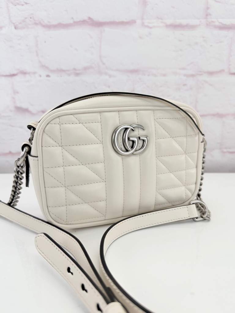 Gucci Calfskin Matelasse Aria Mini Gg Marmont Chain Shoulder Bag White
